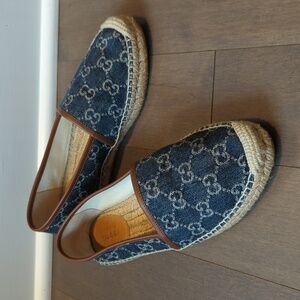 Gucci Blue Denim Monogram Espadrilles with Brown Trim